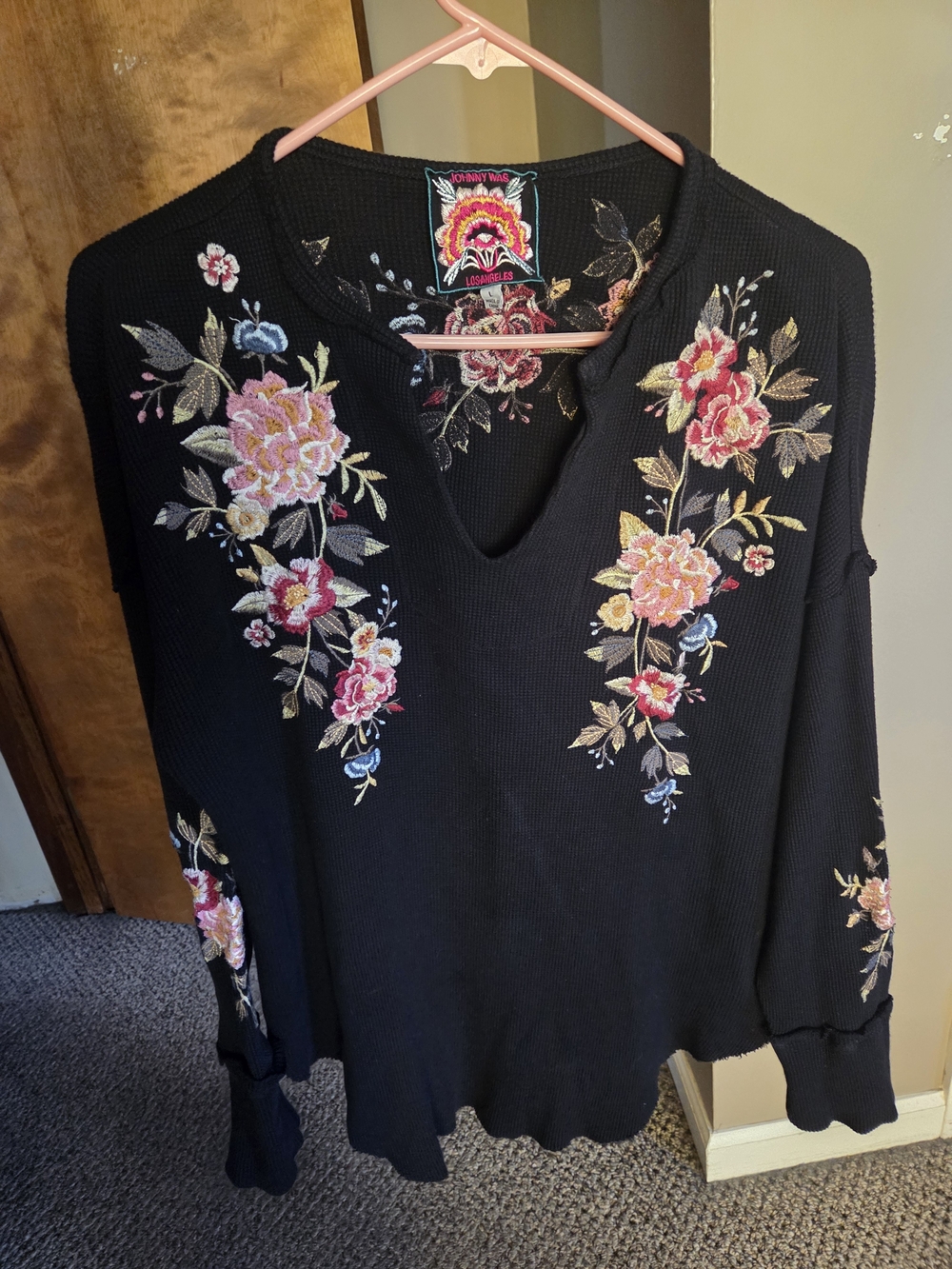 Johnny Was Black Long Sleeve Floral Embroidered V-Notch Top